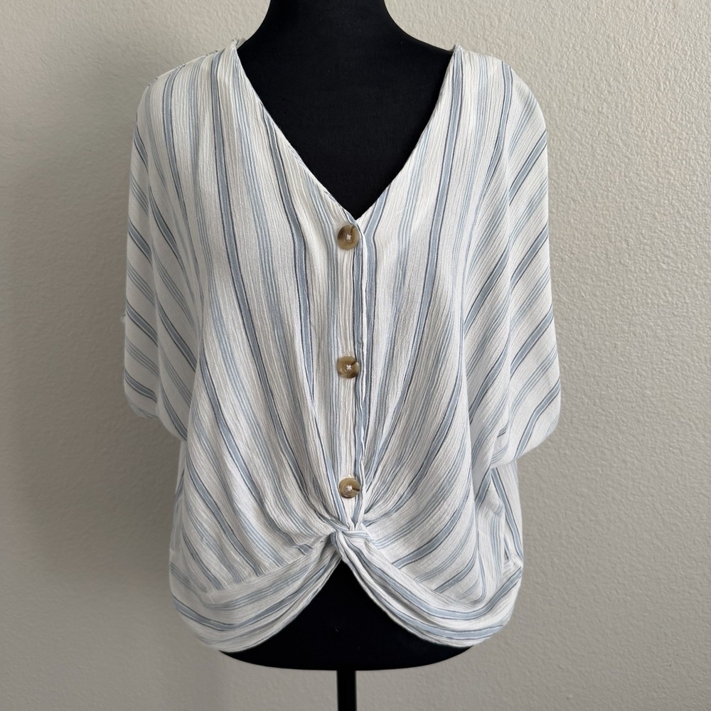 Women's Large Coastal Striped Twist Front Top Dolman Sleeve Lightweight Blouse